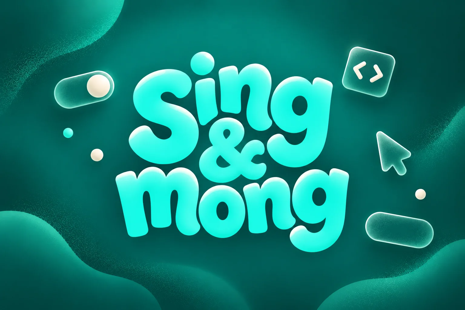 Deep-teal illustration of the Sing & mong wordmark with floating glass tool pieces